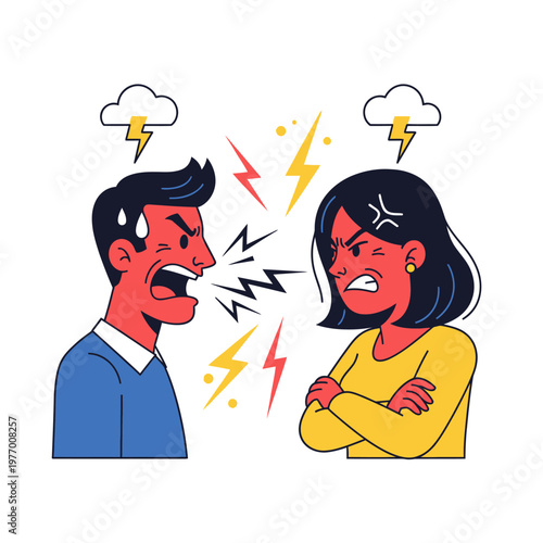 Angry couple arguing with lightning bolts and storm clouds, conflict illustration