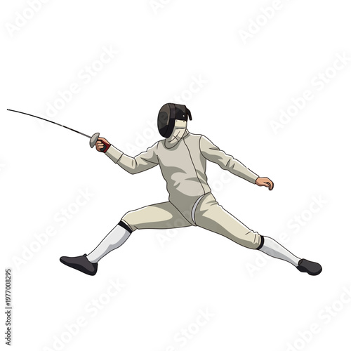 Fencer in action, lunging forward with foil sword, sports illustration, dynamic pose