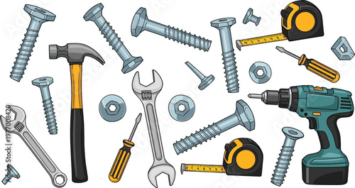 Construction tools and fasteners vector illustration set, hammer drill wrench screws bolts equipment, colorful industrial elements isolated modern design collection