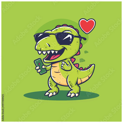 Cartoon dinosaur with sunglasses smiling.