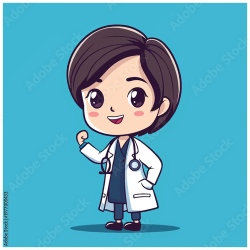 Cartoon doctor woman smiling confidently.