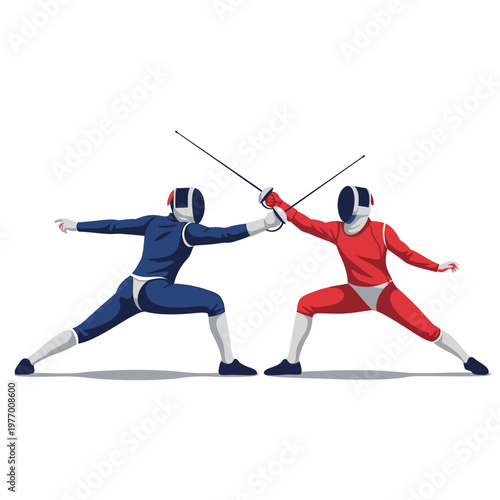 Fencers in action, blue and red suits clashing swords in competitive duel