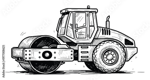 Heavy duty road roller machinery with a large front drum and rear tire for industrial construction themes and engineering project applications