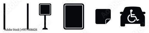 Modern set of essential black graphic symbols depicting vertical separators, generic information signs, a document icon, and a handicap accessible parking car emblem for digital navigation