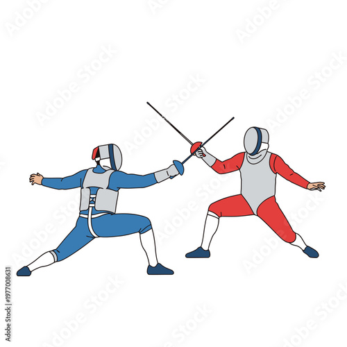 Fencers in action, duel with swords, sport competition, athletic contest, fencing match