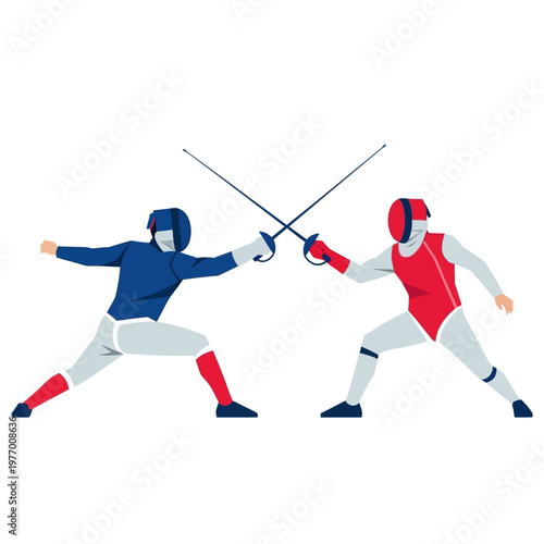Fencers in action, dueling with swords, competitive sport illustration