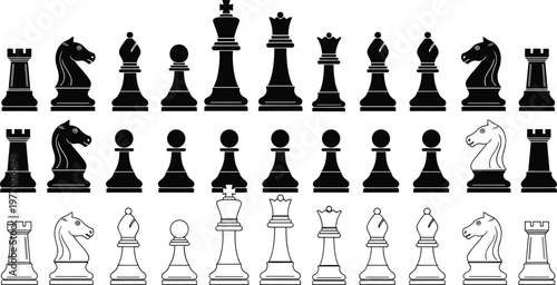 Chess pieces silhouette vector set, black and white classic board game elements, strategic competition concept isolated illustration design collection