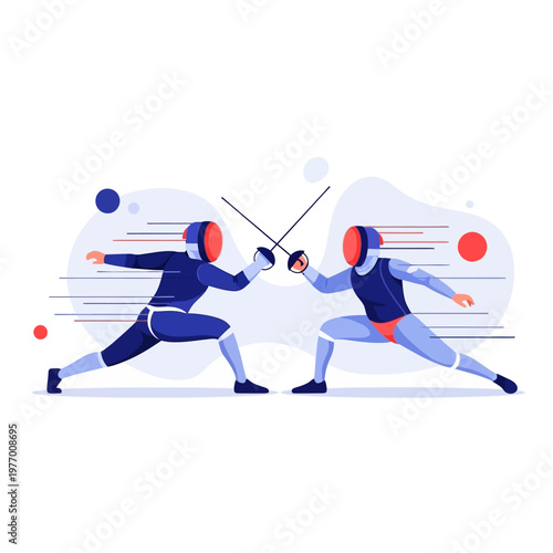 Fencers in action, dynamic illustration of a duel with swords, speed and competition