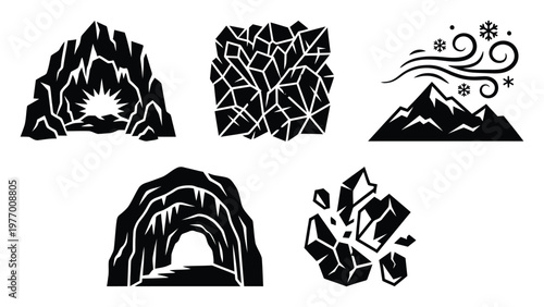 Collection of stylized black and white graphic icons featuring mountains, caves, fractured ice, and snowy winter landscapes, suitable for game assets or environmental graphics