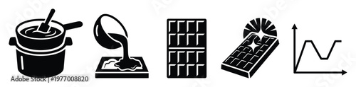 Stepbystep graphic representation of melting, molding, and tempering chocolate, suitable for demonstrating precise confectionery techniques and quality control
