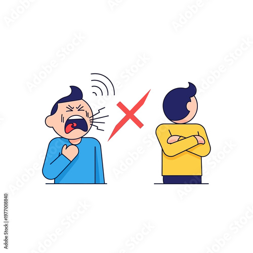 Angry man yelling at person with arms crossed, conflict, no communication icon