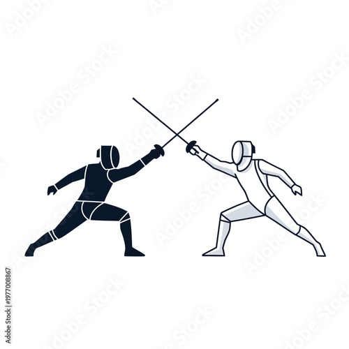 Fencing duel between two athletes, one in black, one in white, with swords crossed