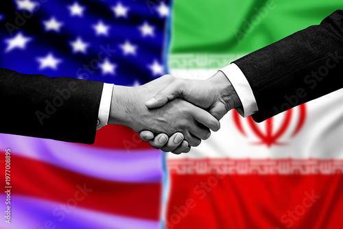 two people shaking hands ,negotiation , ceasefire , diplomacy, peace, truce, unity with the background of USA flag and Iran Flag side by side