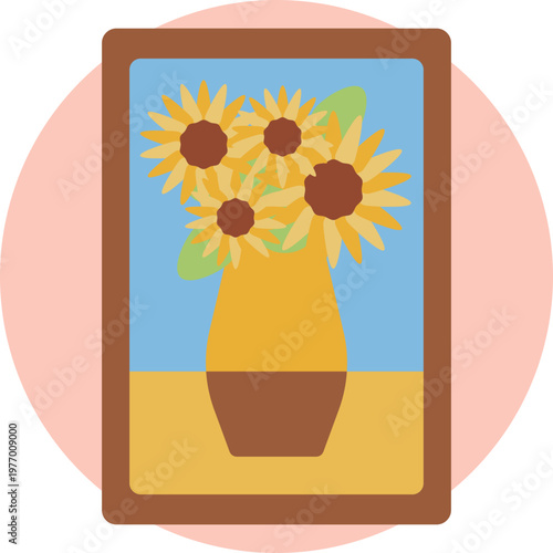 A stylized vase filled with bright sunflowers, featuring bold petals and a warm yellow palette, symbolizing Dutch post-impressionist art.