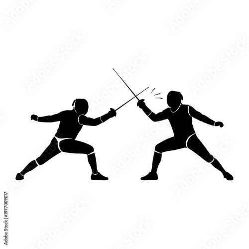 Fencing duel silhouette, two athletes with swords fighting, sport competition.