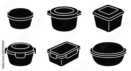 Collection of diverse food storage container silhouettes, ideal for graphic design projects, kitchen organization applications, and meal preparation concepts.