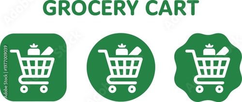 Green grocery cart icons set for supermarket, online shopping, and retail app interface design