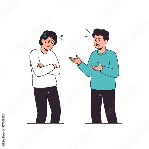 Argument between two men, one upset, one angry, cartoon style, isolated on white background
