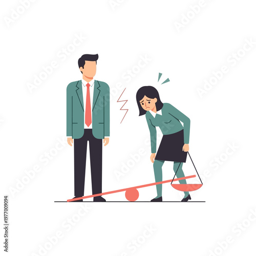Business Inequality Concept: Man Overpowers Woman on Seesaw, Symbolizing Disadvantage