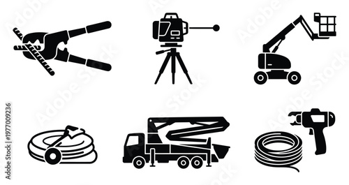 Construction and industrial equipment silhouettes rebar cutter, surveying total station, boom lift, concrete pump truck, hose, and sealant gun for building and engineering project