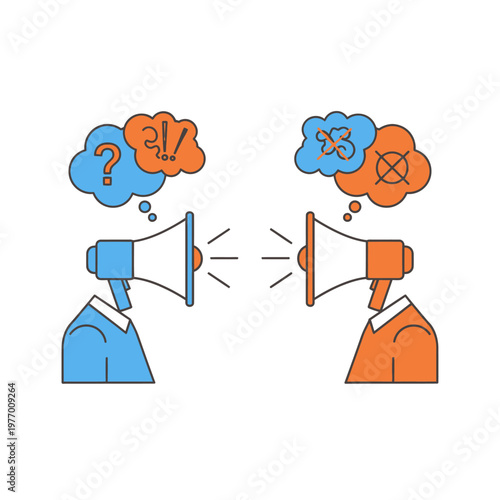 Communication conflict, misunderstanding, dialogue, debate, disagreement, argument, two megaphones