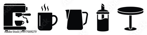 Black silhouette icons of coffee essentials espresso machine, hot mug, milk pitcher, sugar dispenser, cafe table, perfect for menus, branding, and digital media.