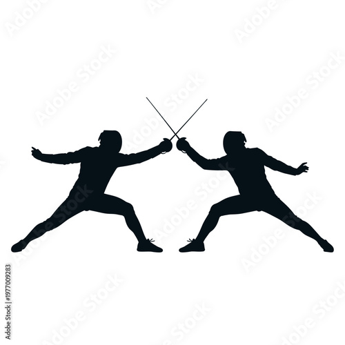 Silhouette Fencing Duel: Two Athletes Competing with Swords on White Background