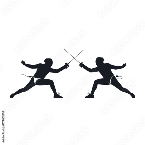 Silhouette of two fencers dueling with swords, isolated on white background