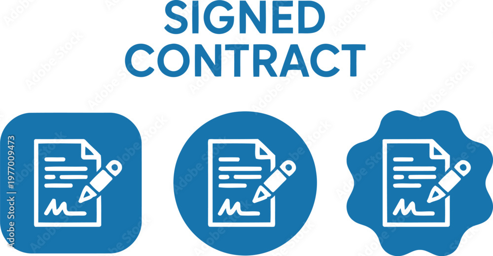 Fototapeta premium Signed Contract Icon Set – Blue Business Agreement, Legal Document, Signature Vector Illustration