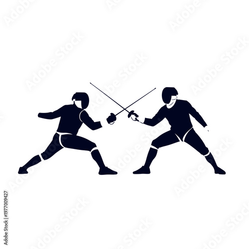 Two fencers dueling with swords, silhouette illustration, sport competition concept