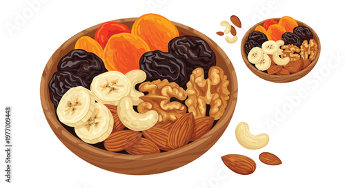 Assorted dried fruits and crunchy nuts including apricots, prunes, banana chips, walnuts, and almonds served in a wooden bowl.