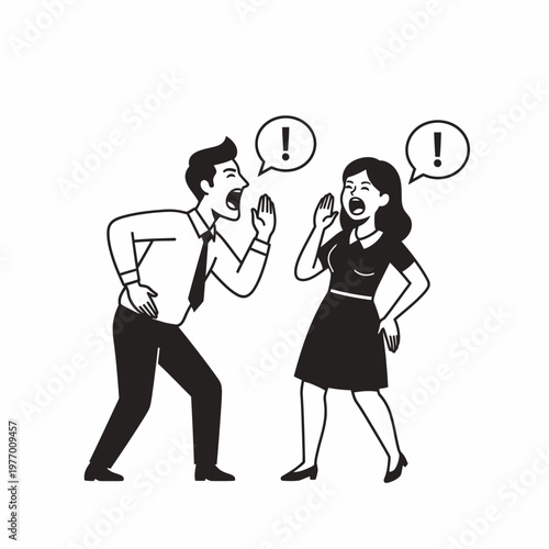 Couple Arguing Loudly, Exclamation Mark Speech Bubbles, Conflict Illustration
