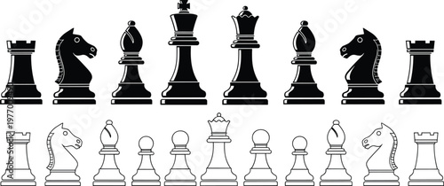 Chess pieces black silhouette and outline vector set, classic board game elements, king queen knight rook illustration isolated design