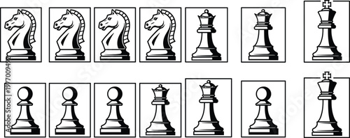 Chess piece icons in square frames, line art strategy board game elements, king queen knight pawn set, black white vector