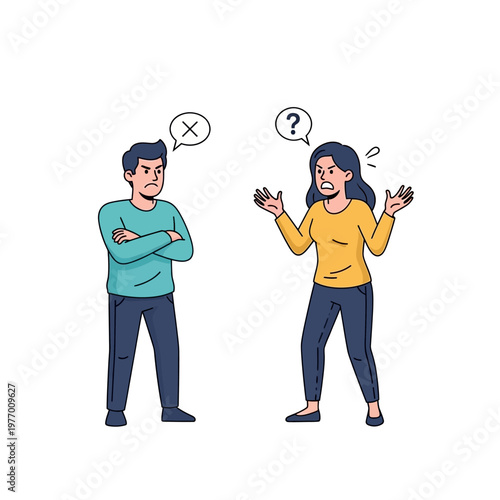 Couple arguing, man looking away, woman gesturing with confusion and frustration