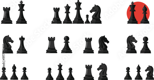 Chess pieces glossy black vector set, realistic strategy game elements with king queen knight rook, isolated design collection modern illustration