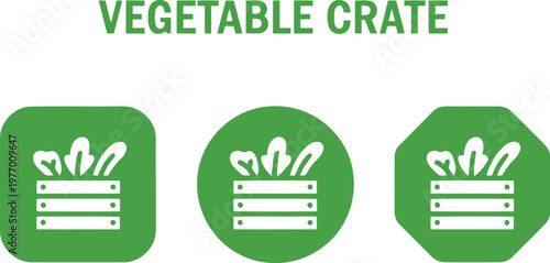 Green vegetable crate icon set with fresh produce symbols for organic food and grocery delivery apps