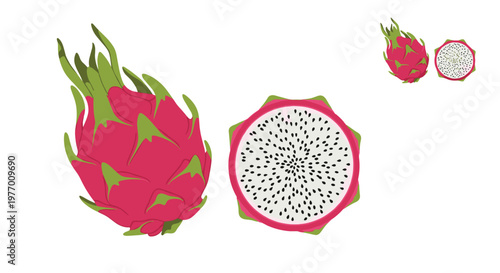 Pink dragon fruit also known as pitaya shown as a whole fruit and a cross section revealing white flesh and tiny black seeds.