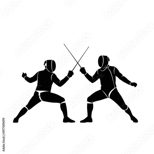 Two fencers in black silhouettes facing each other with swords crossed