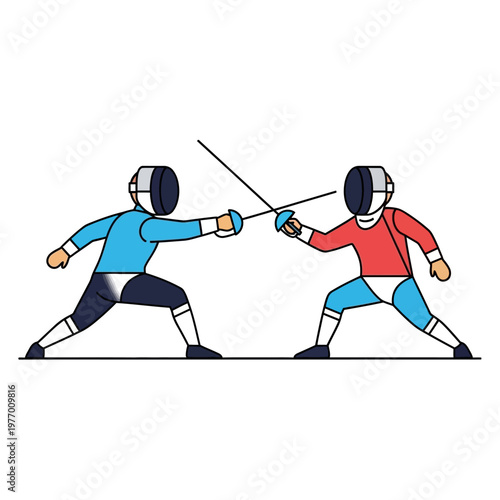 Two Fencers in Blue and Red Uniforms Competing in a Duel