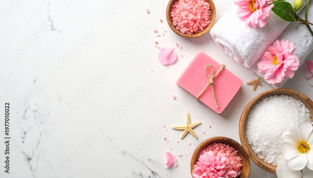 Naklejka premium A serene spa still life features a pink flower and white towels accented by a red starfish and seashells on a tropical beach sand background for a relaxing summer beauty treatment