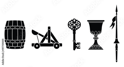 Explore a striking collection of medieval war tools and historical objects like a barrel, catapult, elaborate key, ceremonial goblet, and spear, ideal for educational resources and graphic