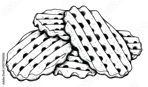 Black and white handdrawn sketch of savory wavy gridcut potato fries ideal for fast food restaurant menus snack packaging or delicious food blog graphics