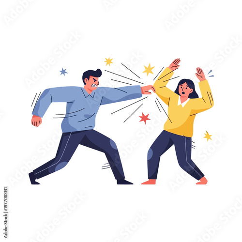 Man punching woman, domestic violence, relationship conflict, aggression concept illustration
