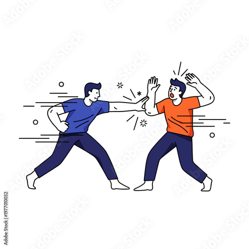 Man in Blue Shirt Pushing Man in Orange Shirt, Conflict and Confrontation Illustration