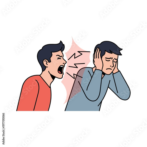 Man Yelling Aggressively at Another Man Covering Ears, Conflict Illustration
