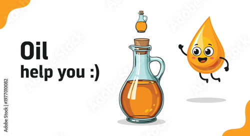 Healthy cooking oil depicted with a glass bottle and a cheerful animated oil drop character promoting wellness and nutrition benefits.