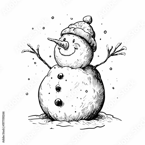 A charming snowman wearing a knitted hat and smiling warmly during a gentle snowfall.