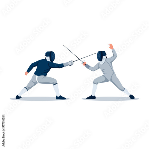 Two Fencers in Protective Gear Competing with Swords on White Background