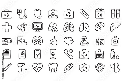 Hospital and Medical Outline Icons with Organs and Health Monitoring